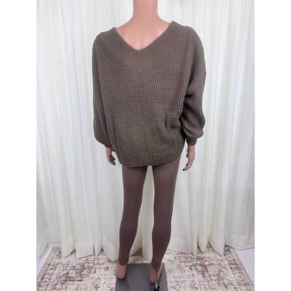 Zenana Plus Size Two Piece V-Neck Sweater & Legging Set Brown - Picture 6 of 11